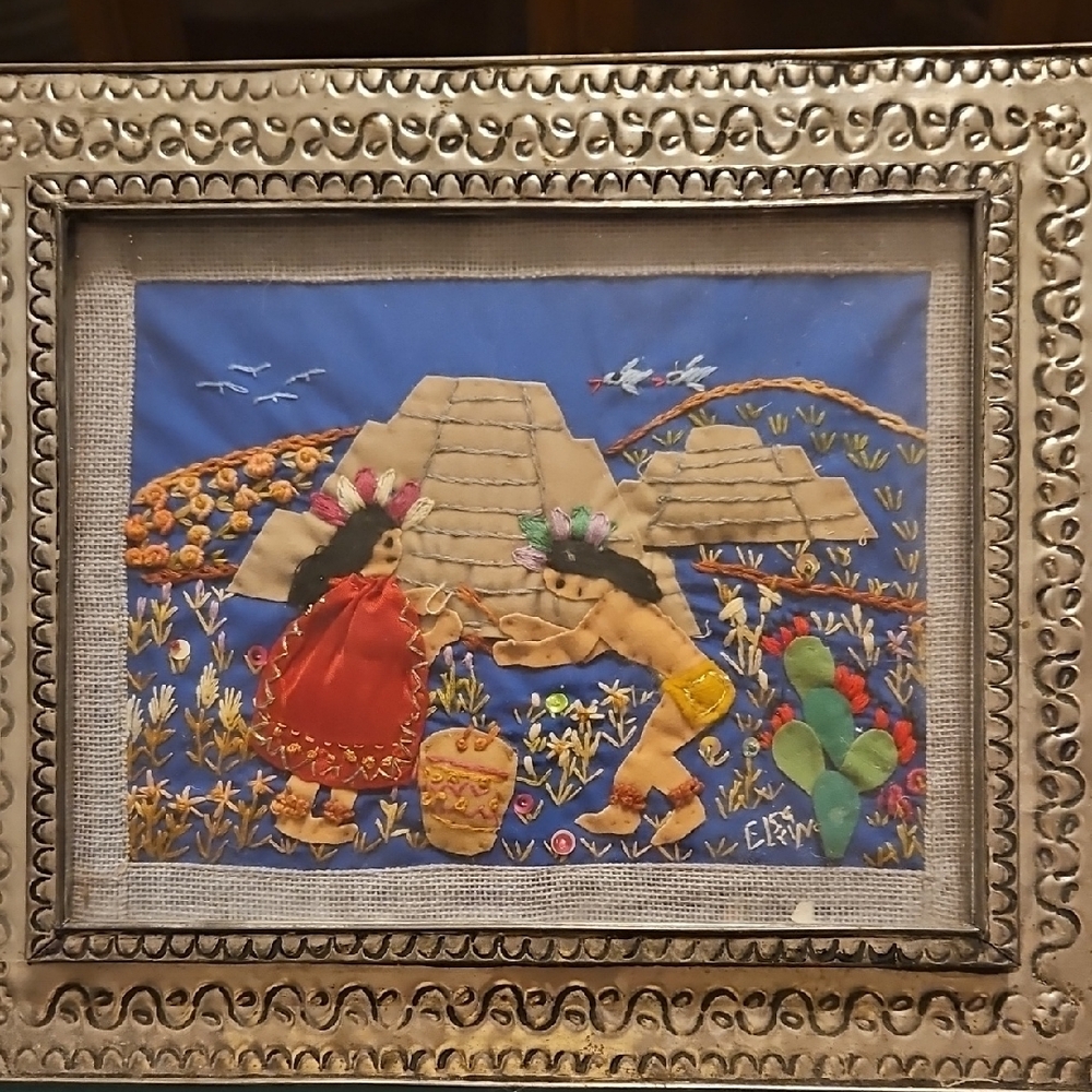 Vintage Folk Art Arpillera-Style in Tin Frame Decorative Decor - Picture 2 of 12